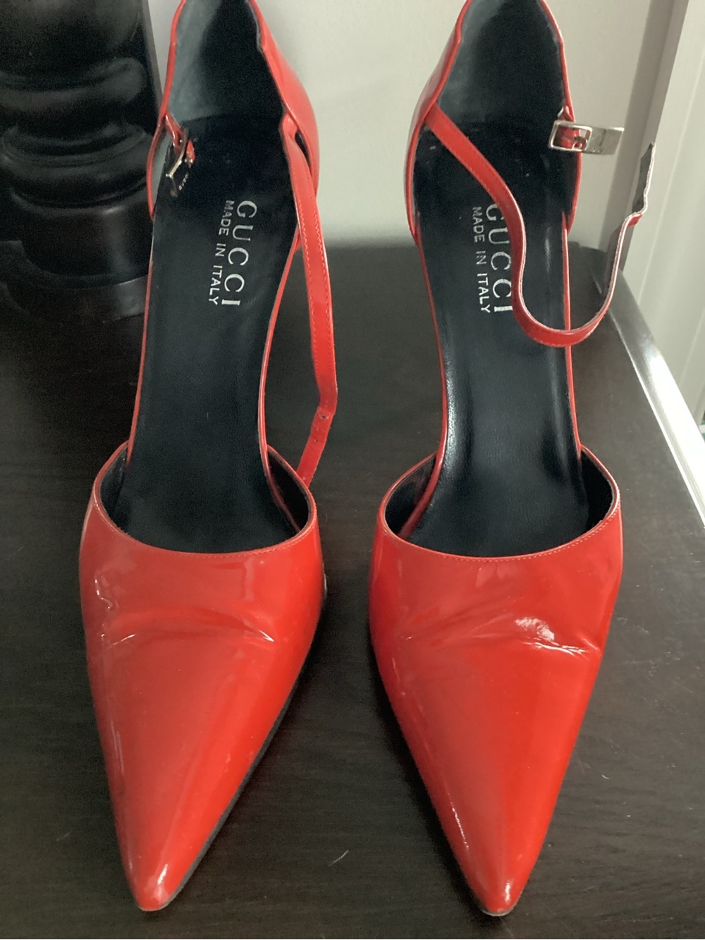 Tom Ford Gucci Red Patent Leather Pointed Toe Silver Metal Heel Pumps - Picture 1 of 6